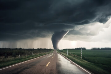Naklejka na ściany i meble Powerful Tornado On Road In Stormy Landscape , generative ai 