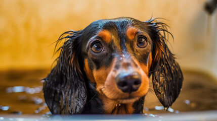 Image of a dachshund bathing in a sink. Generative Ai