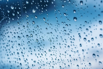 Fototapeta na wymiar Rain drops on the glass. Beautiful blue and white sky. Sky background, generative ai 