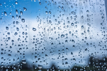 Naklejka na ściany i meble Rain drops on the glass. Beautiful blue and white sky. Sky background, generative ai 