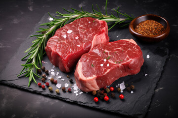 Fototapeta na wymiar Raw steak on a slate. Two raw steaks on a dark shale background. Slice of meat with salt, pepper and herbs, generative ai 