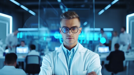 Portrait of a young stylish doctor, a student of innovative developments in a laboratory. Created with AI.