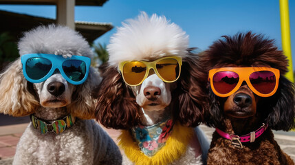 Image of dogs wearing colorful sunglasses. Generative Ai