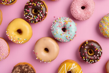 Top view of delicious multi-colored doughnuts with colored glaze isolated on a flat pink surface background. Creative wallpaper with donuts. Generative AI professional photo imitation.