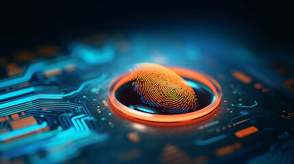 Digital fingerprint scanner, scan biometric identity and access password thru fingerprint, concept of cybersecurity and data protection, security system, generative ai - obrazy, fototapety, plakaty