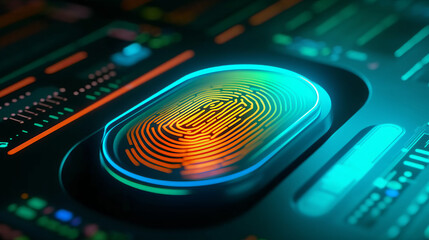 Digital fingerprint scanner, scan biometric identity and access password thru fingerprint, concept of cybersecurity and data protection, security system, generative ai