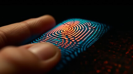 Closeup of person’s thumb interacting with fingerprint scanner, scan biometric identity and access password, concept of cybersecurity and data protection, generative ai - obrazy, fototapety, plakaty