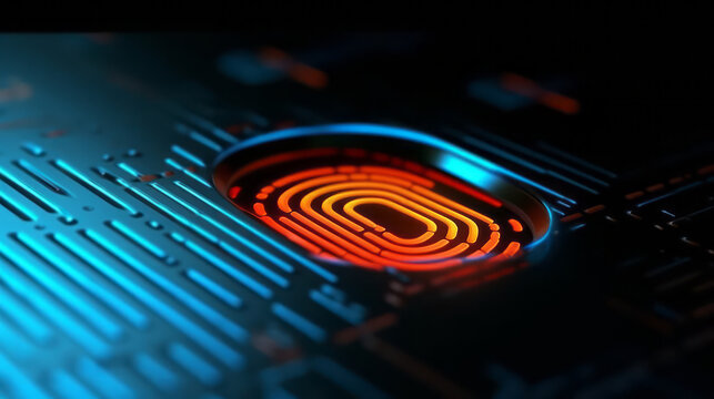 Digital fingerprint scanner, scan biometric identity and access password thru fingerprint, concept of cybersecurity and data protection, security system, generative ai
