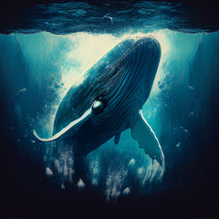 Animal baleia embaixo da água do oceano próximo a superficie - obrazy, fototapety, plakaty