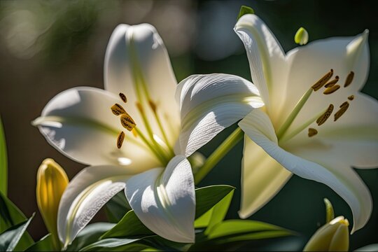 Macro image of two white blooms on a sunny day. Close-up garden photos of a lovely flower with white petals. Wallpaper with lilies and a green backdrop. Generative AI