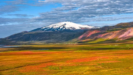 Foto op Canvas Snaefellsjokull volcano peak covered with snow cap. Panoramic over Icelandic colorful and wild landscape with meadow and moss field, volcanic black sand and lava at summer, Iceland © neurobite