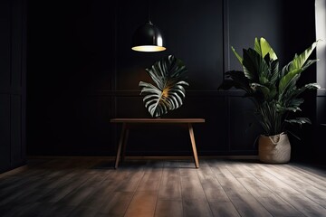 Dark room with a table and a huge house plant on the floor. Generative AI