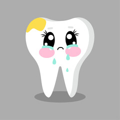 Cute snow white cartoon characters tooth with caries in flat design. Kawaii teeth characters for childrens and babies