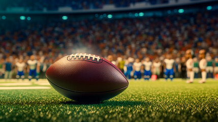 The ball for American football lies on the green lawn of a large stadium with fans and players in the background. Generative Ai