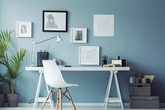Desk at home office with blue wall, supplies, picture frame, and extras. Close up of a stylish interior table with a laptop and office supplies. Banner. Generative AI