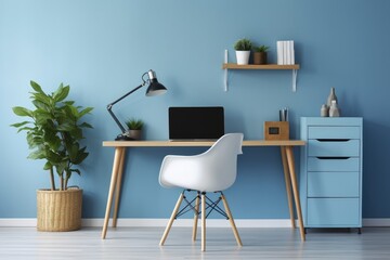 Desk in home office with blue wall, supplies, plant, and large cup. Mockup. Generative AI