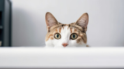 Fototapeta premium portrait of a peeking cat head. Red cat peeking out. Copy Space. Generative AI