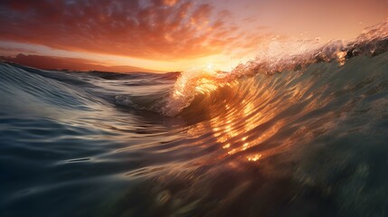 Fototapeta na wymiar Sunset View of a Wave crushing into the Sea