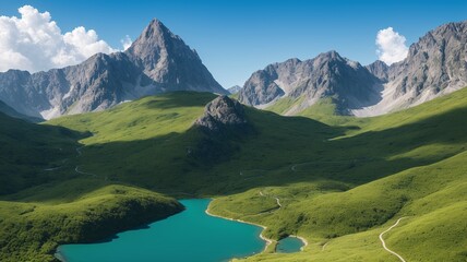 Naklejka na ściany i meble A Beautiful View Of A Lake In A Green Valley With Mountains In The Background AI Generative