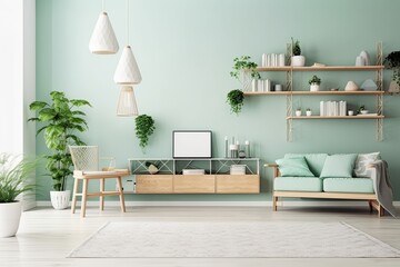 Design of room with shelves on the mint wall, decorations, a lamp, plants, a carpet, and a sofa. Generative AI