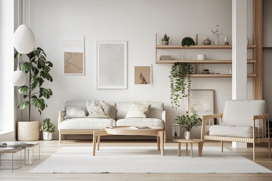 Contemporary and Scandinavian living room design with mock up templates, wooden accents, succulents, plants, notes, and personal items. minimalistic interior design. Generative AI