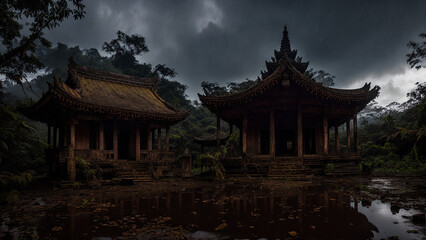 Fototapeta premium old and ancient japan wooden temple in jungle forest at foggy rainy evening with cloudy sky reflecting in water, generative AI 