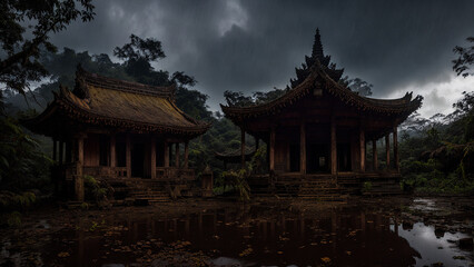 Obraz premium old and ancient japan wooden temple in jungle forest at foggy rainy evening with cloudy sky reflecting in water, generative AI 