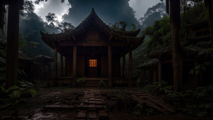 Fototapeta na wymiar old and ancient japan wooden temple with orange light shinig through doors in jungle forest at foggy rainy evening with cloudy sky, generative AI 