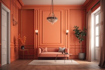 contemporary visualization and interior design. a living room with molding and smooth walls. modern, simple design. Model of a wall. Generative AI