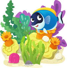 cartoon scene with coral reef with swimming cheerful fish isolated element illustration for children