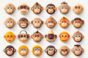 Obraz premium Set of badges of ape persons, avatars, monkey heads of different age for profile page, social network and social media, created with Generative AI