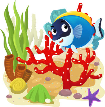 cartoon scene with coral reef with swimming cheerful fish isolated element illustration for children