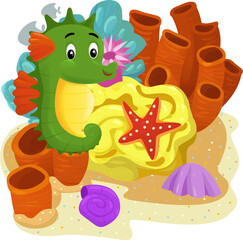 cartoon scene with coral reef with swimming fish sea horse isolated element illustration for children
