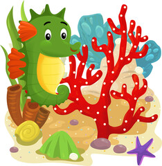 cartoon scene with coral reef with swimming fish sea horse isolated element illustration for children