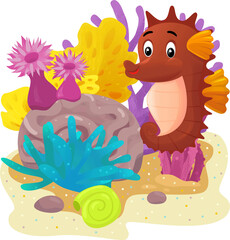 cartoon scene with coral reef with swimming fish sea horse isolated element illustration for children