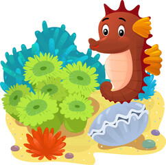 cartoon scene with coral reef with swimming fish sea horse isolated element illustration for children