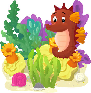 cartoon scene with coral reef with swimming fish sea horse isolated element illustration for children