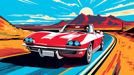 Retro race car on road and colorful background. Comic book style