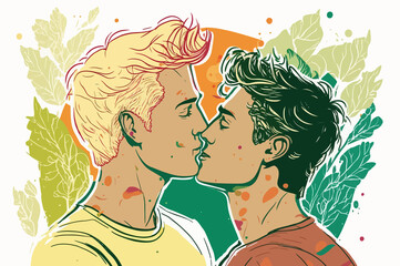 Two gay men kissing. LGBTQ manifesto. Respect, tolerance, equality.