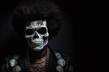 Head shot of man with skeleton costume for Halloween. Black background with copy space. Generative AI