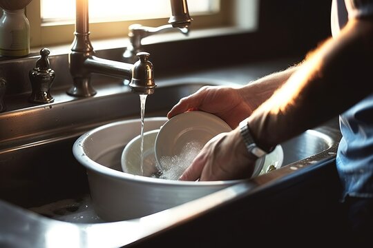 Male hands washing dishes in kitchen sink. Unrecognizable person. Generative AI