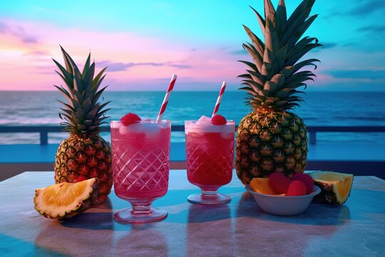 Pineapple tiki cocktails by the beach. Generative AI