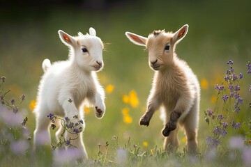 In the countryside, two lovely baby goats are playing with flowers. A farms animals. Generative AI