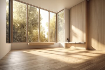 Corner of an empty room with beige walls, a wooden floor, and two sizable windows offering a pleasant view. a mockup. Generative AI