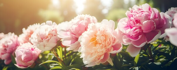 Fototapeta na wymiar Blooming peonies on a sunny day banner. Beautiful natural floral background. Generative AI.