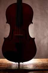 Violin, beautiful silhouette of a violin standing on rustic wood, black background, selective focus.