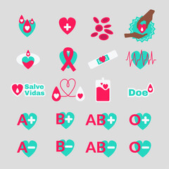 Doação de sangue | Graphic set of blood donation - donor campaign - Flat design - blood types and hearts - obrazy, fototapety, plakaty