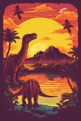 Fotobehang At sunset, dinosaurs roamed the landscape. (Generative AI) © HandmadePictures