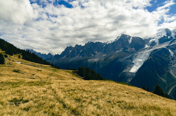 Hiking trail in Chamonix with views of Mont Blanc and the glaciers