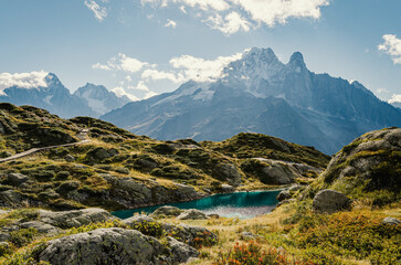 Amazing view of high altitude lake with views of Mont Blanc and the sea of ice.